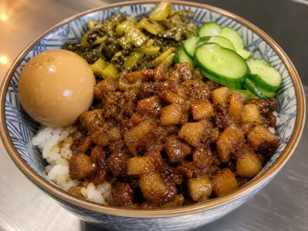 Taiwanese Braised Pork Rice with Pickled Greens, finished dish
