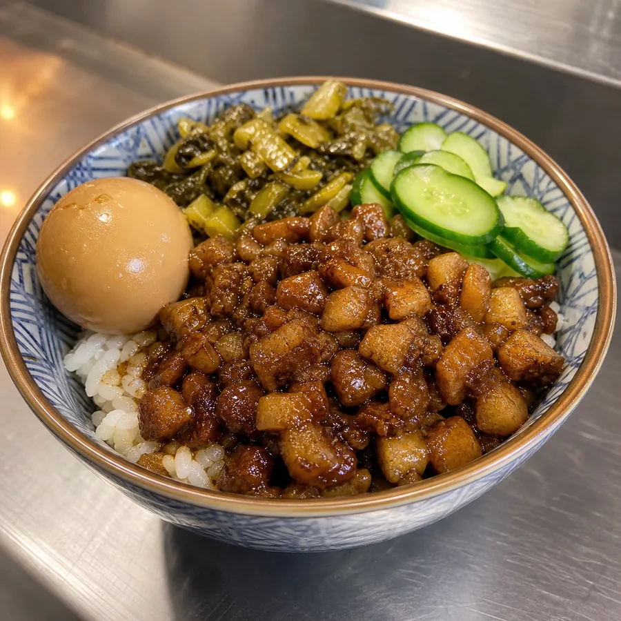 Taiwanese Braised Pork Rice with Pickled Greens, finished dish