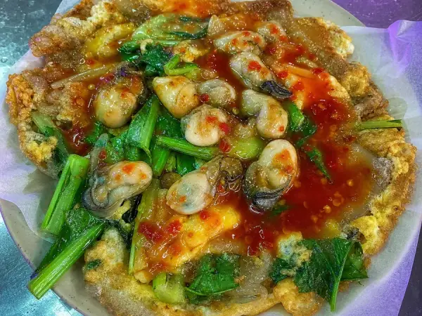 Taiwanese Oyster Omelet with Sweet Chili Sauce, finished dish