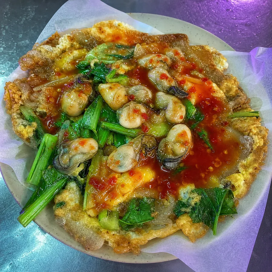 Taiwanese Oyster Omelet with Sweet Chili Sauce, finished dish