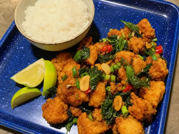 Taiwanese Salt and Pepper Chicken with Basil, finished dish
