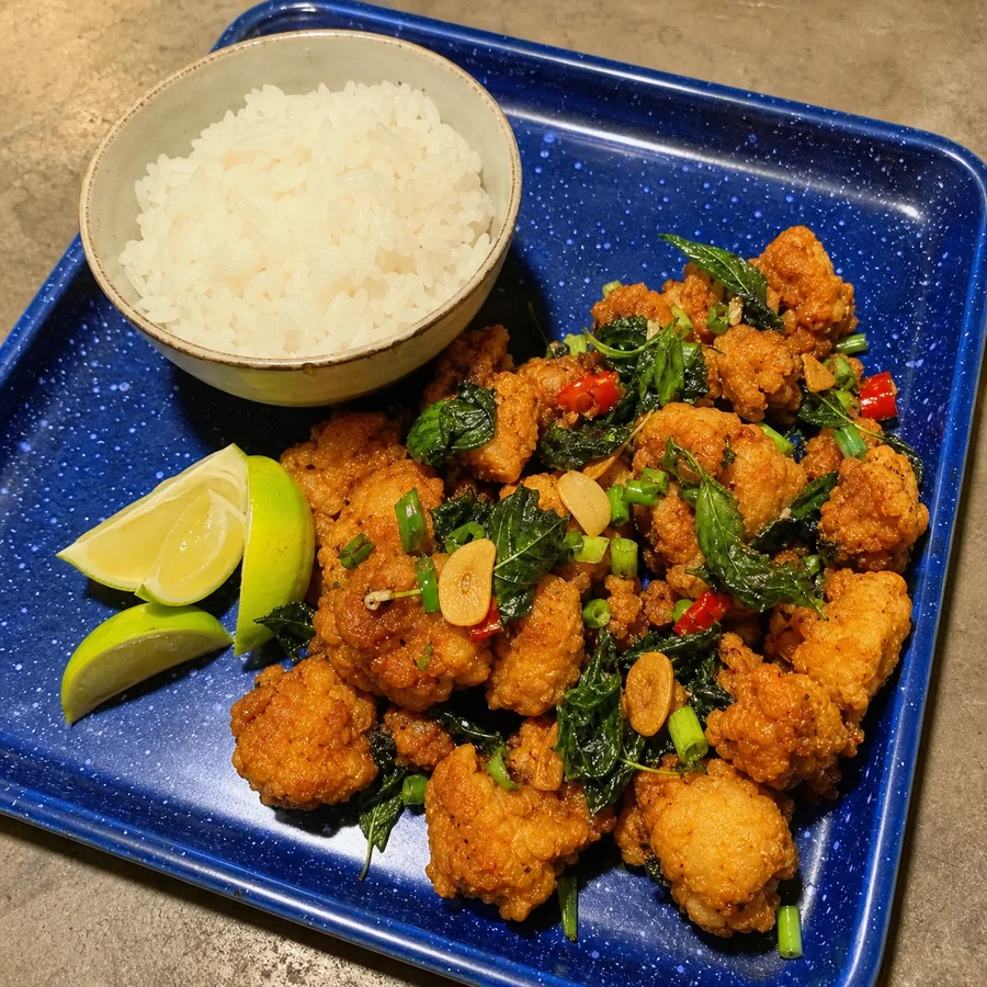 Taiwanese Salt and Pepper Chicken with Basil, finished dish
