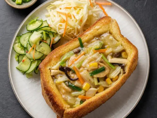 Taiwanese Tainan Coffin Toast with Vegetables, original finished dish food photograph