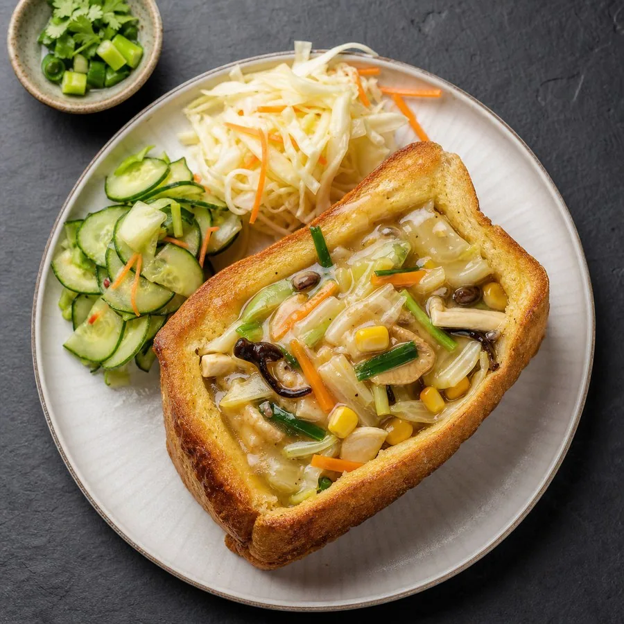 Taiwanese Tainan Coffin Toast with Vegetables, original finished dish food photograph