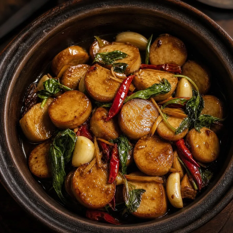 Taiwanese Three-Cup King Oyster Mushrooms, finished dish