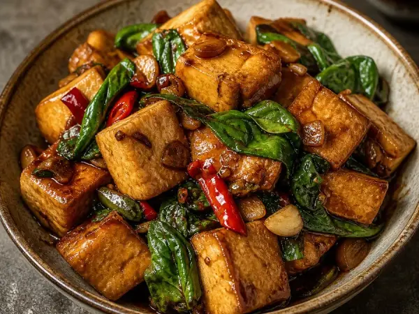 Taiwanese Three Cup Tofu with Basil, original finished dish food photograph