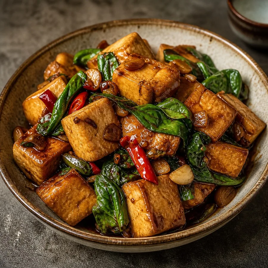 Taiwanese Three Cup Tofu with Basil, original finished dish food photograph