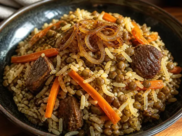 Tajik Osh Mosh Rice with Lentils, original finished dish food photograph