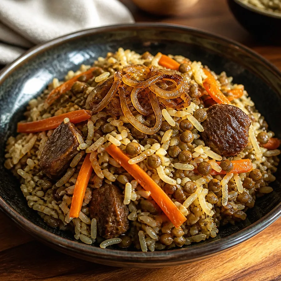 Tajik Osh Mosh Rice with Lentils, original finished dish food photograph