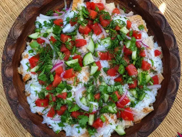 Tajik Qurutob-Inspired Tomato Bread Salad, finished dish