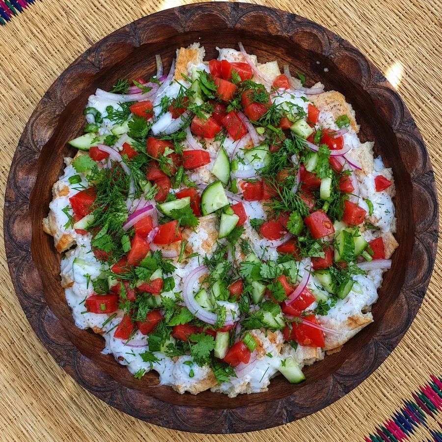 Tajik Qurutob-Inspired Tomato Bread Salad, finished dish