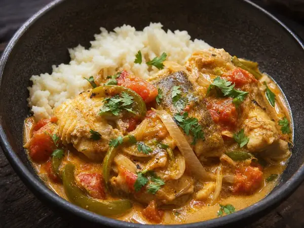 Tanzanian Mchuzi wa Samaki Coconut Fish Stew, plated as a finished dinner