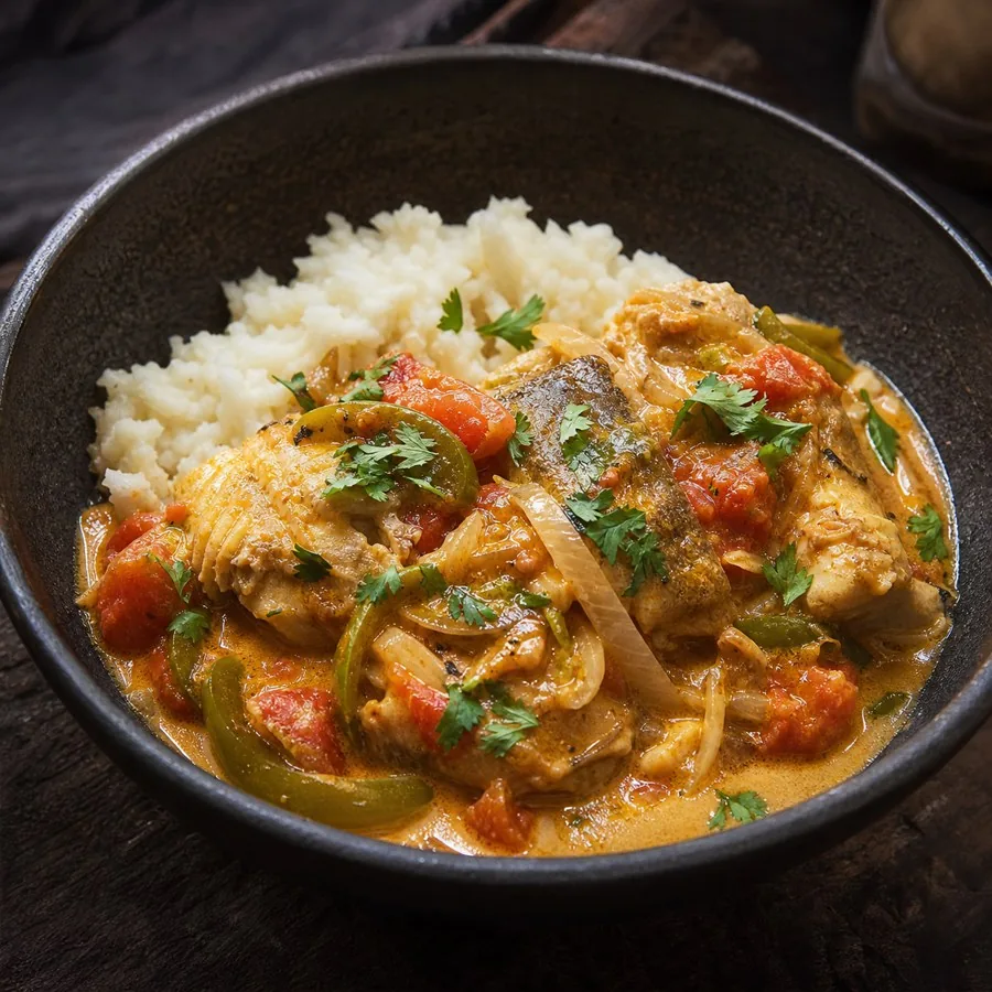 Tanzanian Mchuzi wa Samaki Coconut Fish Stew, plated as a finished dinner