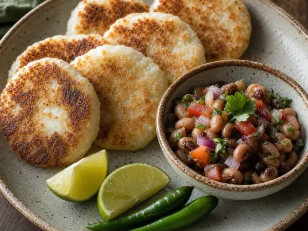 Tanzanian Vitumbua Coconut Rice Pancakes with Bean Relish, plated as a finished dinner