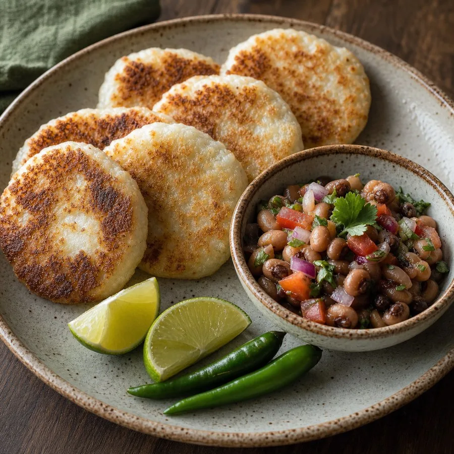 Tanzanian Vitumbua Coconut Rice Pancakes with Bean Relish, plated as a finished dinner
