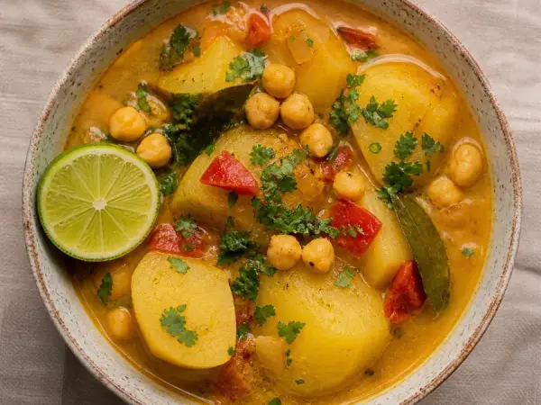 Tanzanian Zanzibar Urojo Potato Soup, plated as a finished dinner