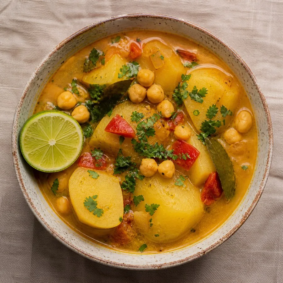 Tanzanian Zanzibar Urojo Potato Soup, plated as a finished dinner