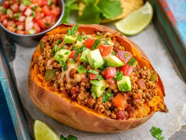 Tex-Mex Turkey Picadillo Stuffed Sweet Potatoes, finished dish