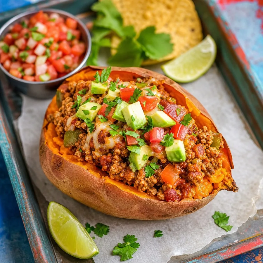 Tex-Mex Turkey Picadillo Stuffed Sweet Potatoes, finished dish
