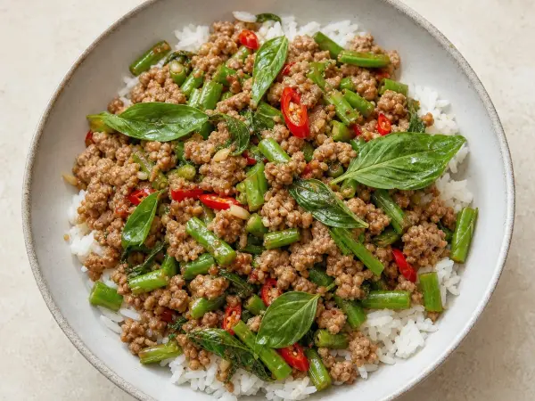 Thai Basil Pork with Green Beans, finished dish