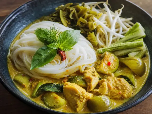 Thai Khanom Jeen Curry Noodles, original finished dish food photograph