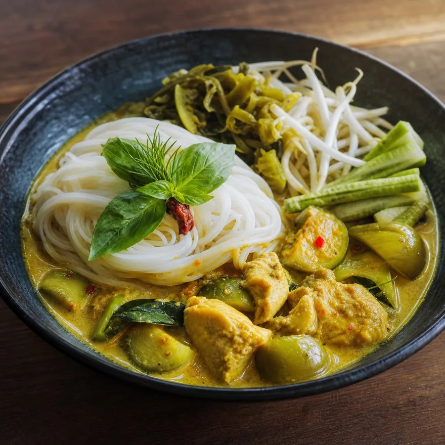 Thai Khanom Jeen Curry Noodles, original finished dish food photograph