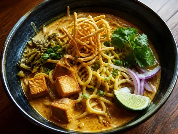 Thai Khao Soi Tofu Noodles, original finished dish food photograph