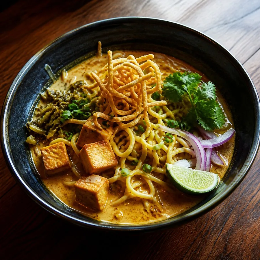 Thai Khao Soi Tofu Noodles, original finished dish food photograph