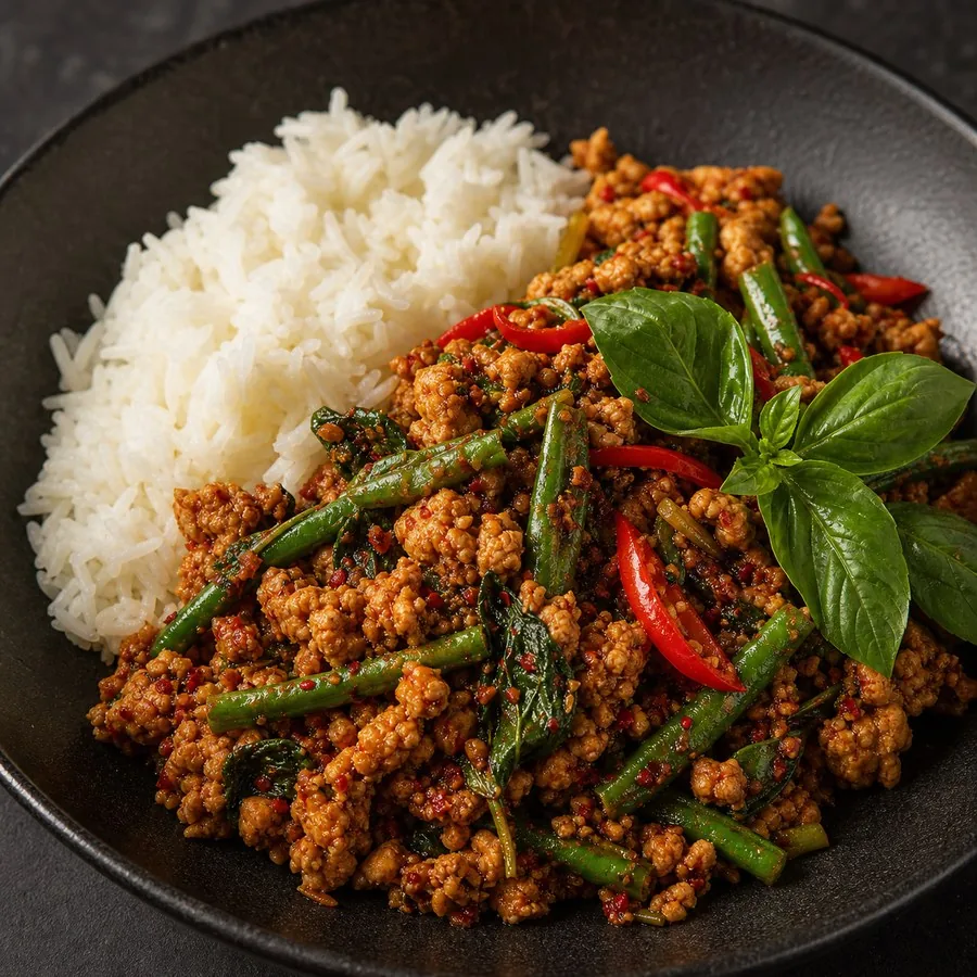 Thai Kua Kling Turkey Basil Skillet, finished dish
