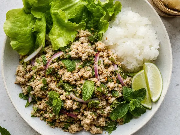 Thai Larb Gai with Sticky Rice, finished dish