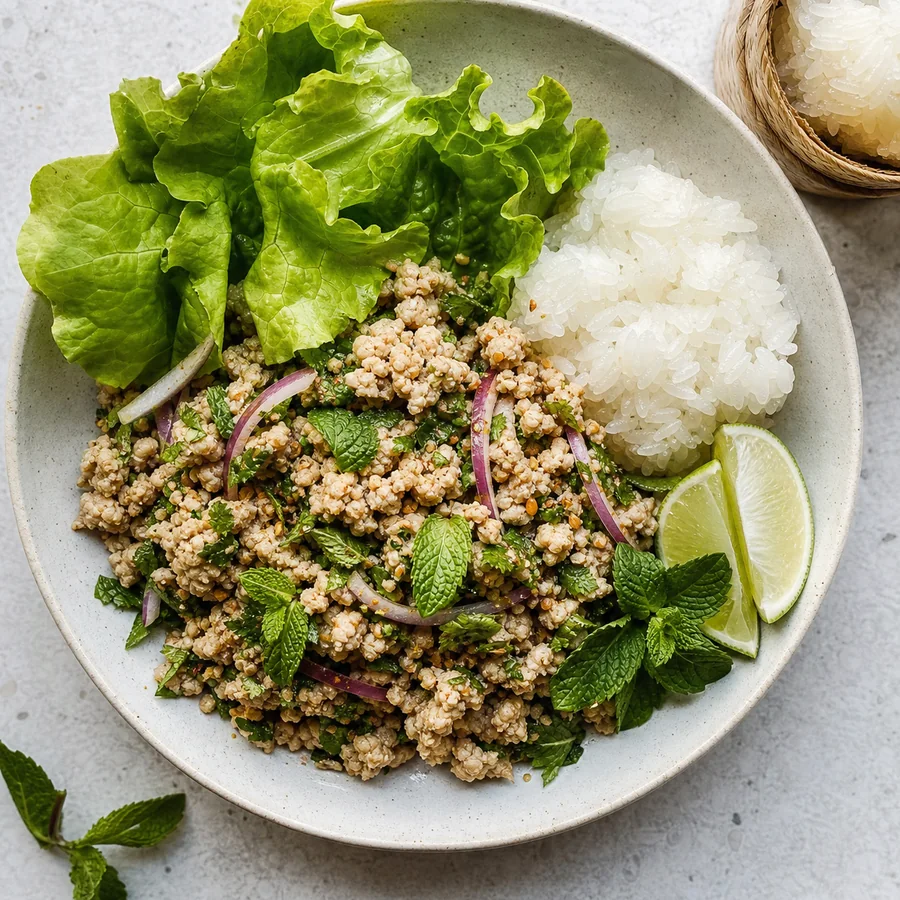 Thai Larb Gai with Sticky Rice, finished dish