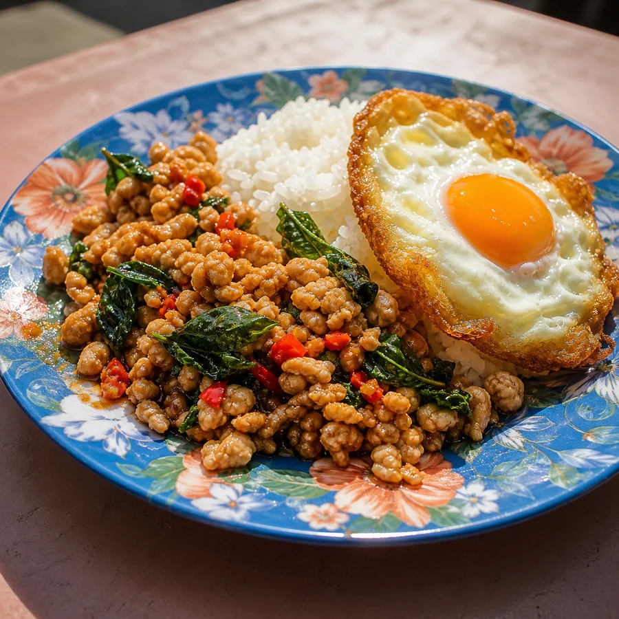 Thai Pad Kra Pao Chicken with Crispy Egg, finished dish