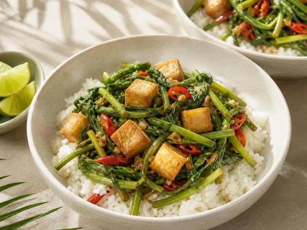 Thai Pad Pak Boong Tofu Rice Bowl, finished dish
