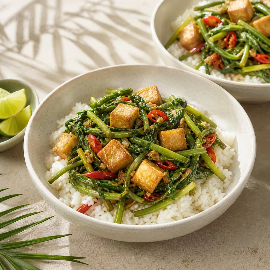 Thai Pad Pak Boong Tofu Rice Bowl, finished dish