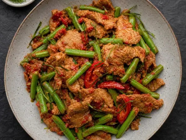 Thai Pad Prik King Pork with Green Beans, original finished dish food photograph
