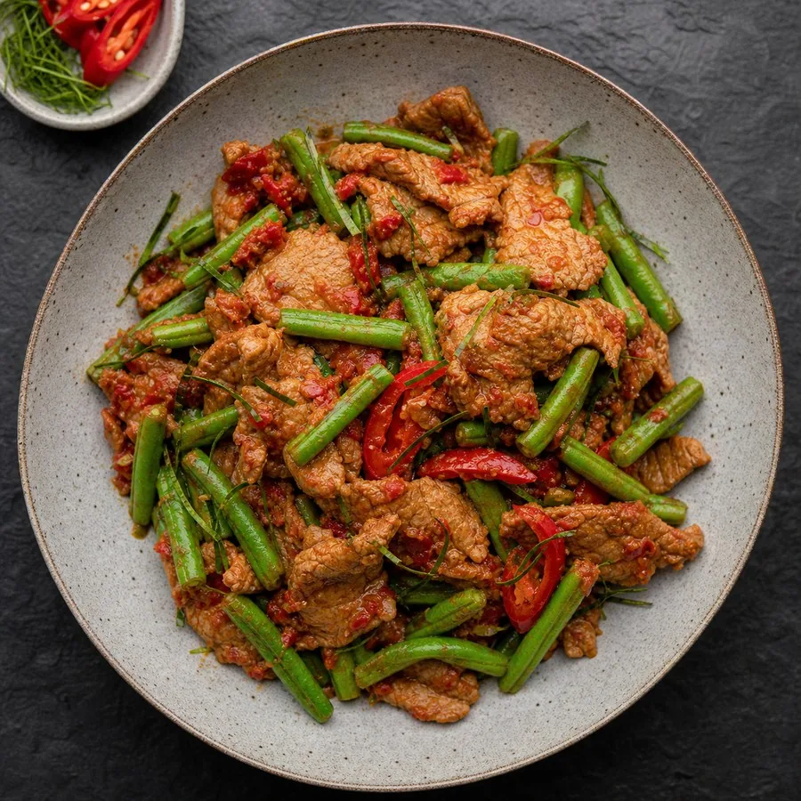 Thai Pad Prik King Pork with Green Beans, original finished dish food photograph