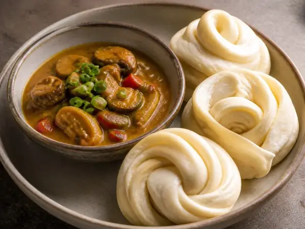 Tibetan Tingmo with Mushroom Curry, original finished dish food photograph