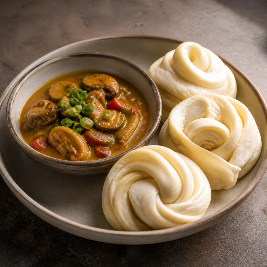 Tibetan Tingmo with Mushroom Curry, original finished dish food photograph
