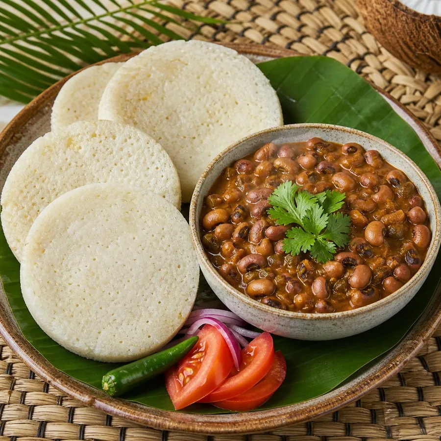 Togolese Ablo Coconut Rice Cakes with Bean Stew, plated as a finished dinner