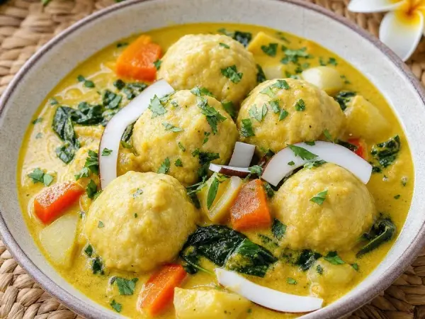 Tongan Faikakai Coconut Dumpling Curry, plated as a finished dinner