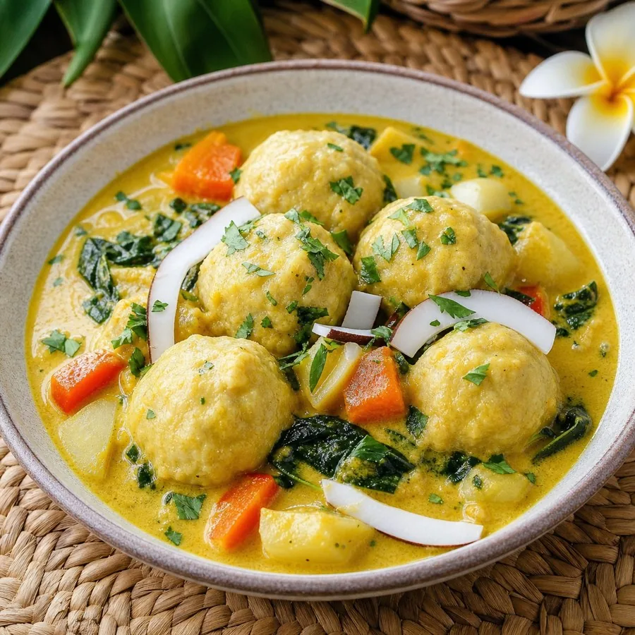 Tongan Faikakai Coconut Dumpling Curry, plated as a finished dinner