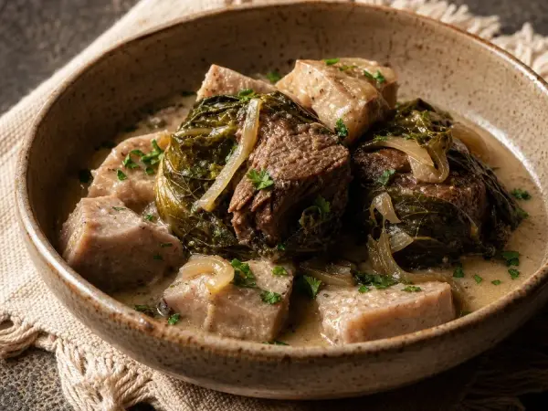 Tongan Lu Pulu-Inspired Beef and Taro, finished dish