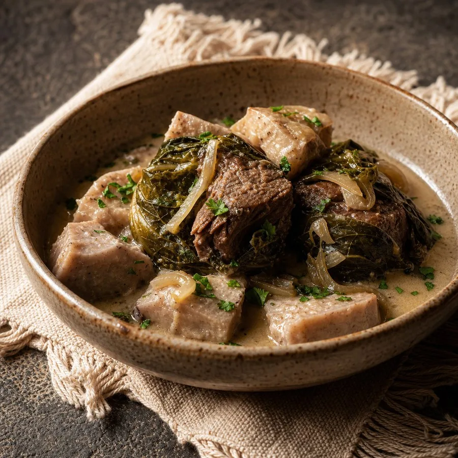 Tongan Lu Pulu-Inspired Beef and Taro, finished dish