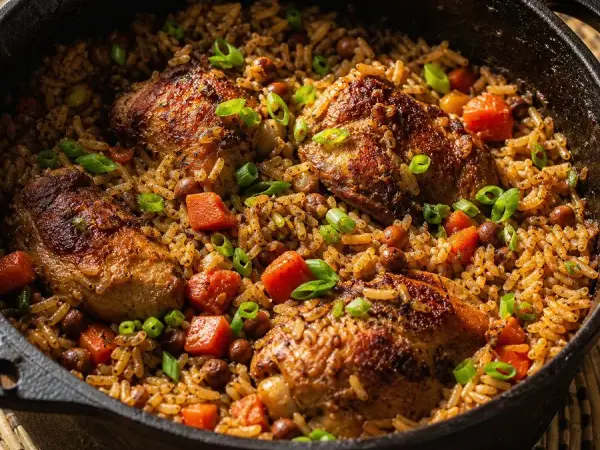Caramelized chicken rice with pigeon peas and coconut
