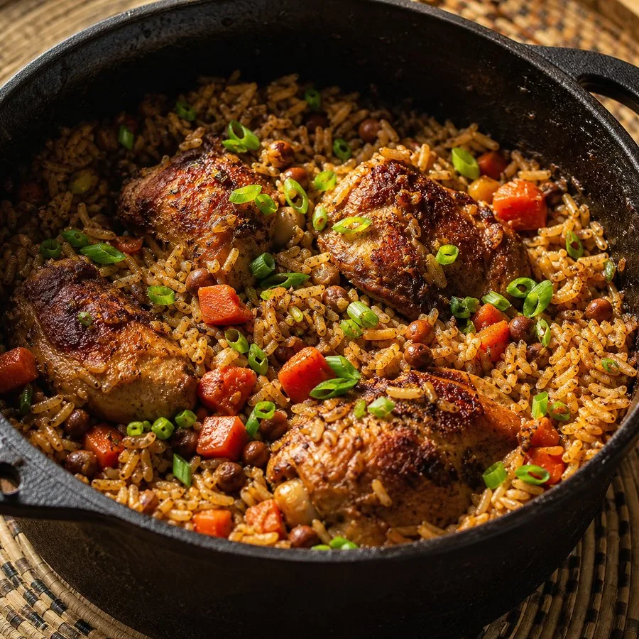 Caramelized chicken rice with pigeon peas and coconut