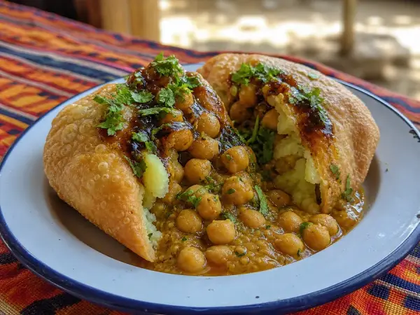 Golden potato pies with curried chickpeas and tamarind sauce