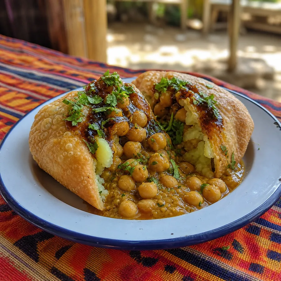 Golden potato pies with curried chickpeas and tamarind sauce