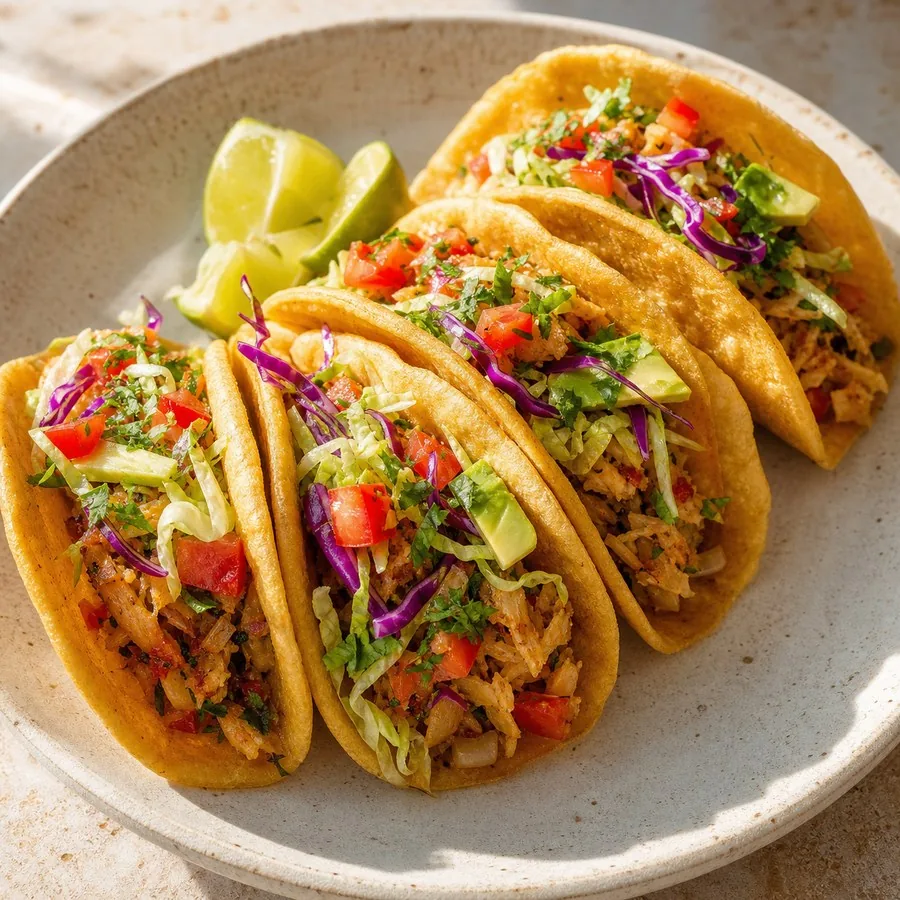 Trinidadian Bake and Saltfish-Inspired Tacos, finished dish
