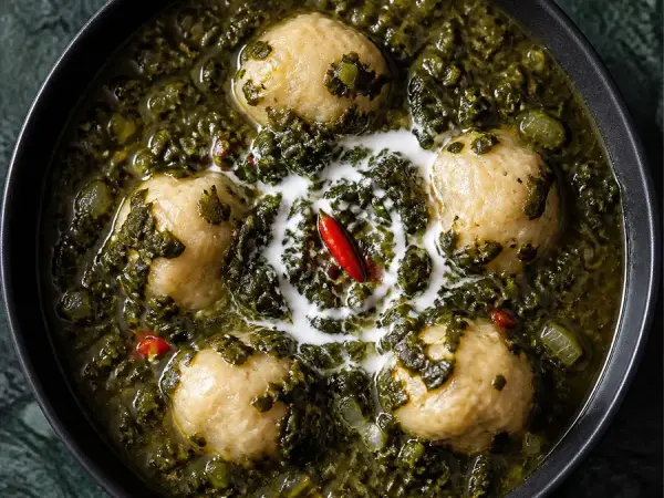 Trinidadian Callaloo with Coconut Dumplings, finished dish