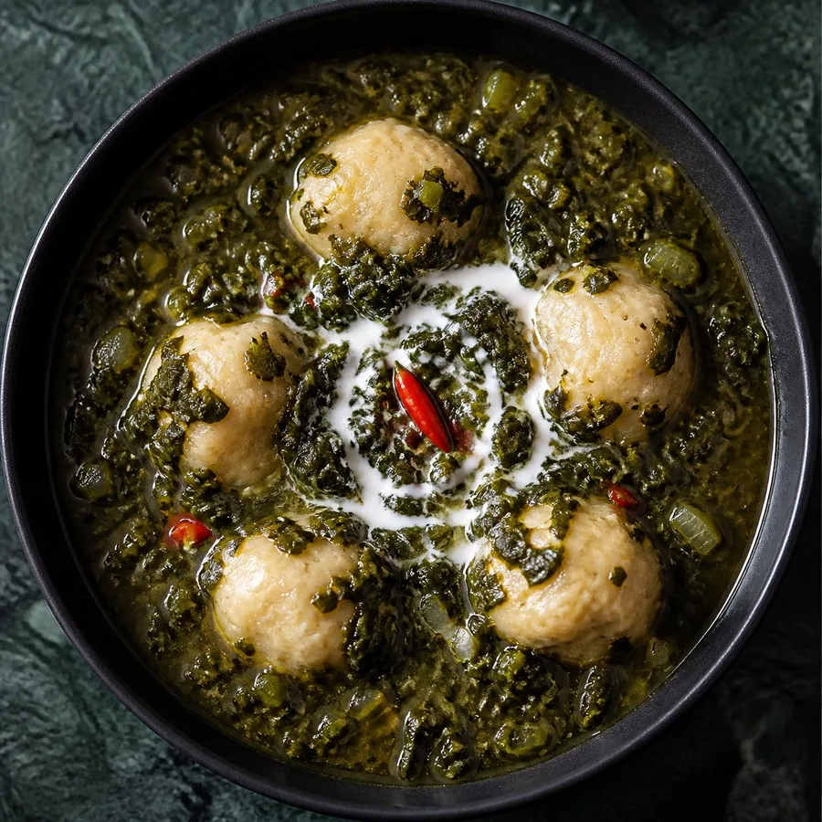Trinidadian Callaloo with Coconut Dumplings, finished dish